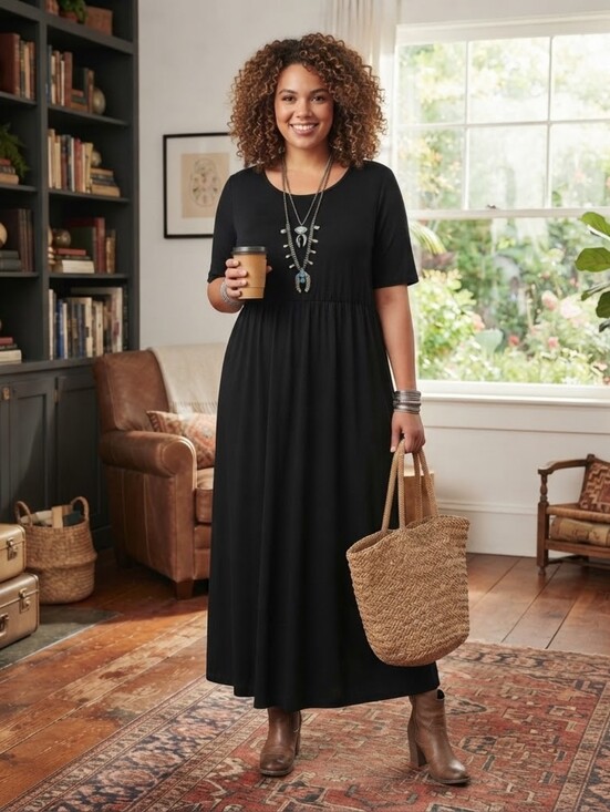 The Zigzag Stripe Dresses & Skirts - The Zig Zag Stripe XL Black Scoop Neck Short Sleeve Flowy Maxi Dress Casual
